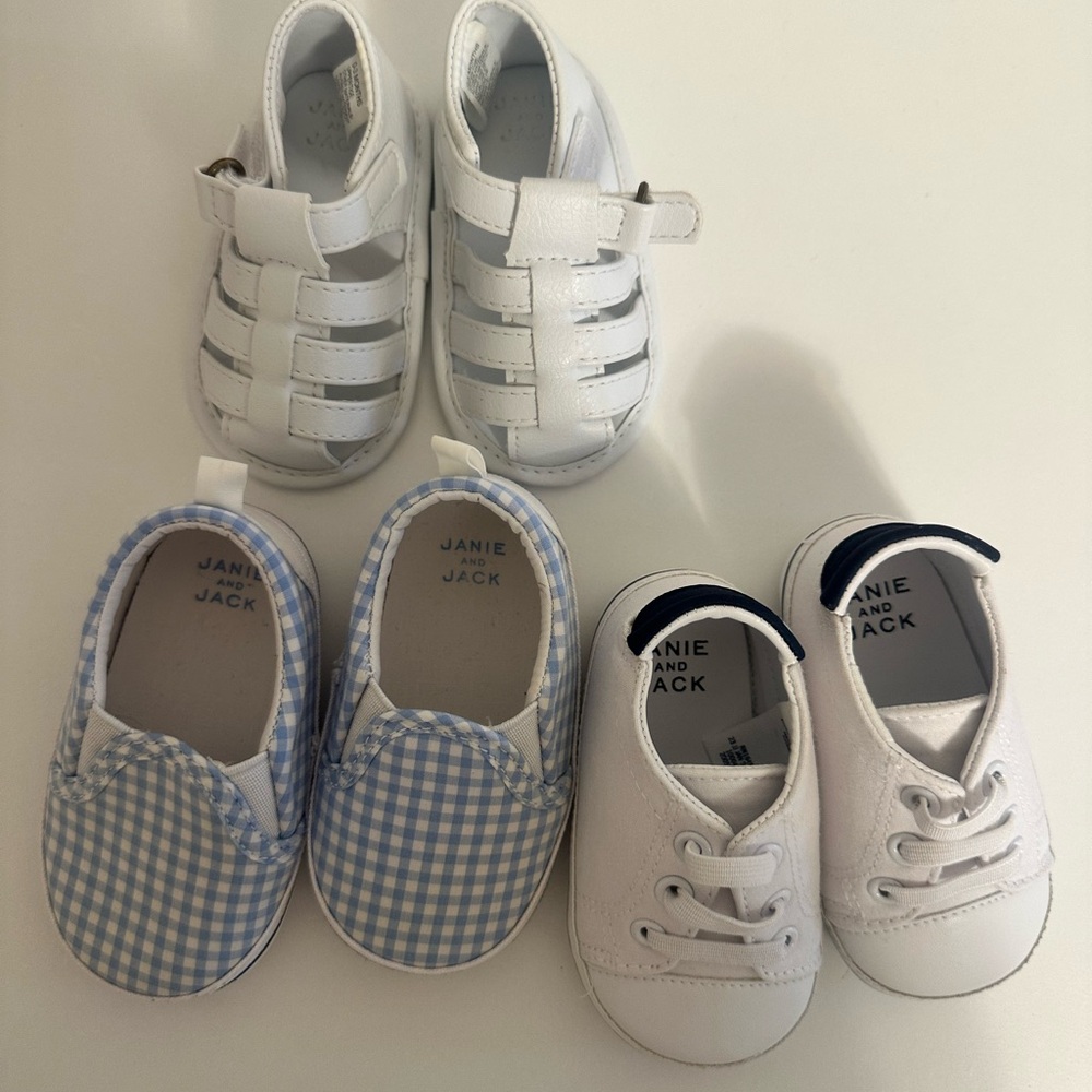 Three pairs of Janie and Jack White and Blue Baby Shoe